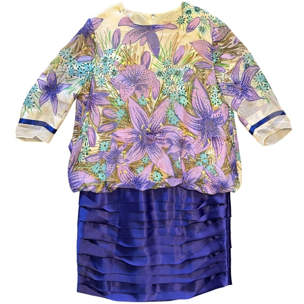 Zandra Rhodes Dress Women's US size 14 Floral Silk Blend Blouson Retro Purple